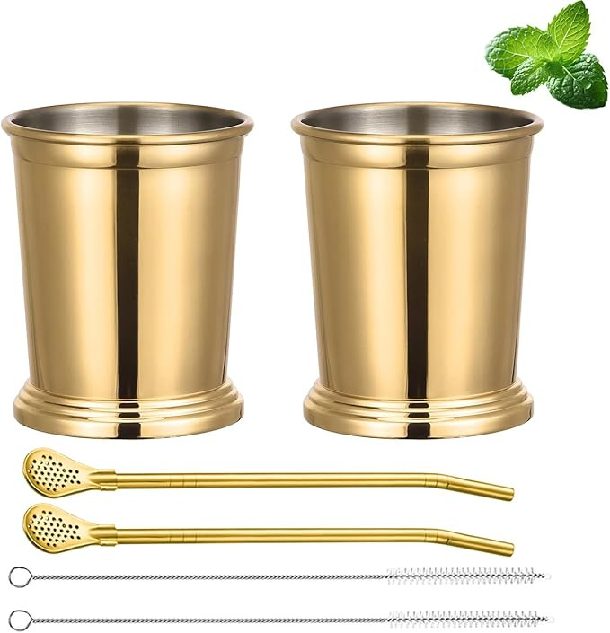 Gold Mint Julep Cups Set of 2 Stainless Steel Mint Julep Glasses with Straws 12oz Pint Glasses Ke... | Amazon (US)
