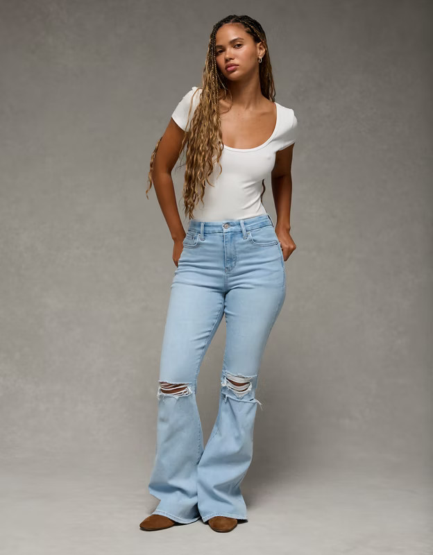 AE Next Level Curvy Ripped Super High-Waisted Flare Jean | American Eagle Outfitters (US & CA)