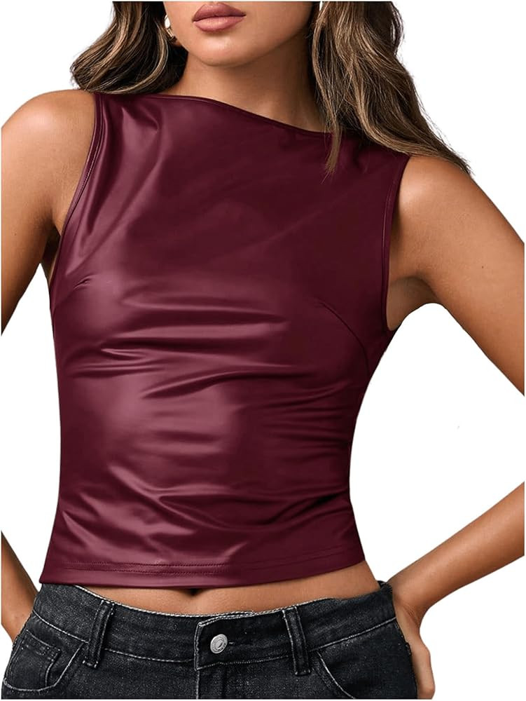 Milumia Women's Boat Neck Faux Leather Tank Top Shirt Y2k Ruched Fitted Going Out Tops | Amazon (US)