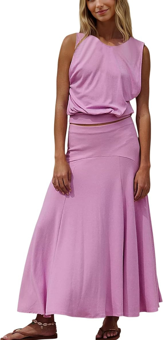 Summer Skirt Sets for Women Causal Matching Outfits V Neck Tank Top Elastic Low Waistband Loose A... | Amazon (US)