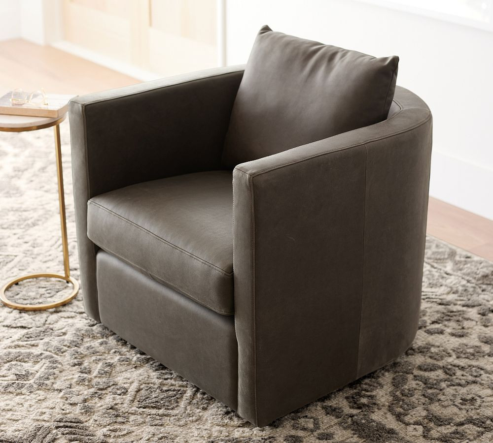 Ayden Barrel Leather Swivel Armchair | Pottery Barn (US)
