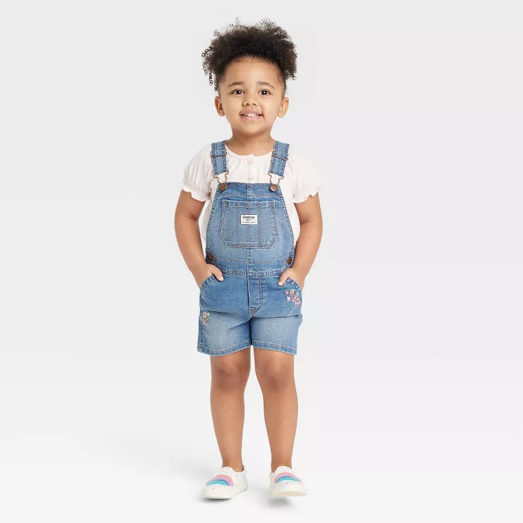 OshKosh B'gosh Toddler Girls' Embroidered Floral Denim Shortalls - Blue Wash | Target
