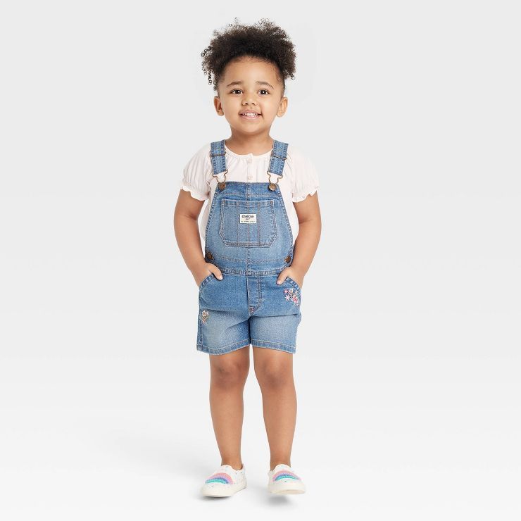 OshKosh B'gosh Toddler Girls' Embroidered Floral Denim Shortalls - Blue Wash | Target