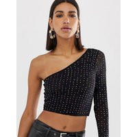 ASOS DESIGN one shoulder crop top in mesh with crystal studs-Black | ASOS ROW