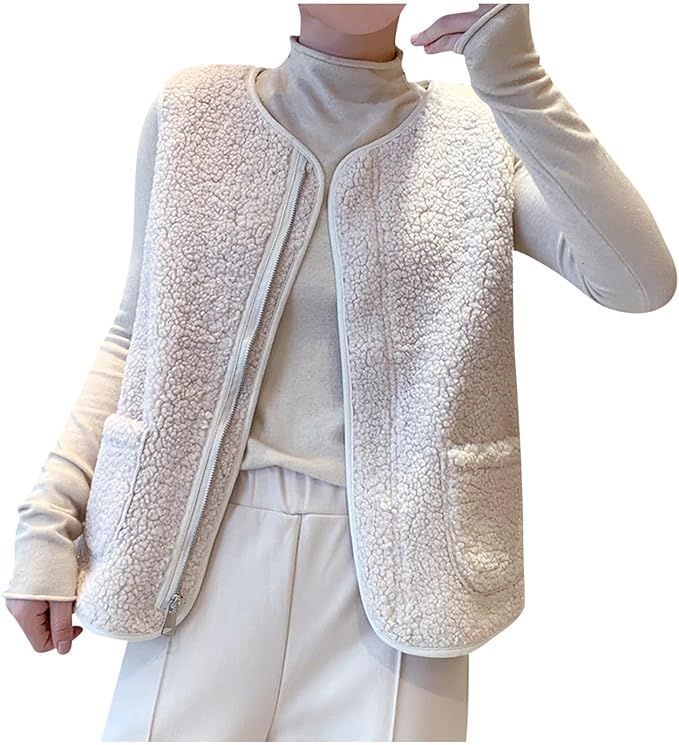 MINzYI Women Cropped Fleece Sherpa Vest Warm Winter Zip up Slim Fit Sleeveless Fuzzy Outwear Ligh... | Amazon (US)