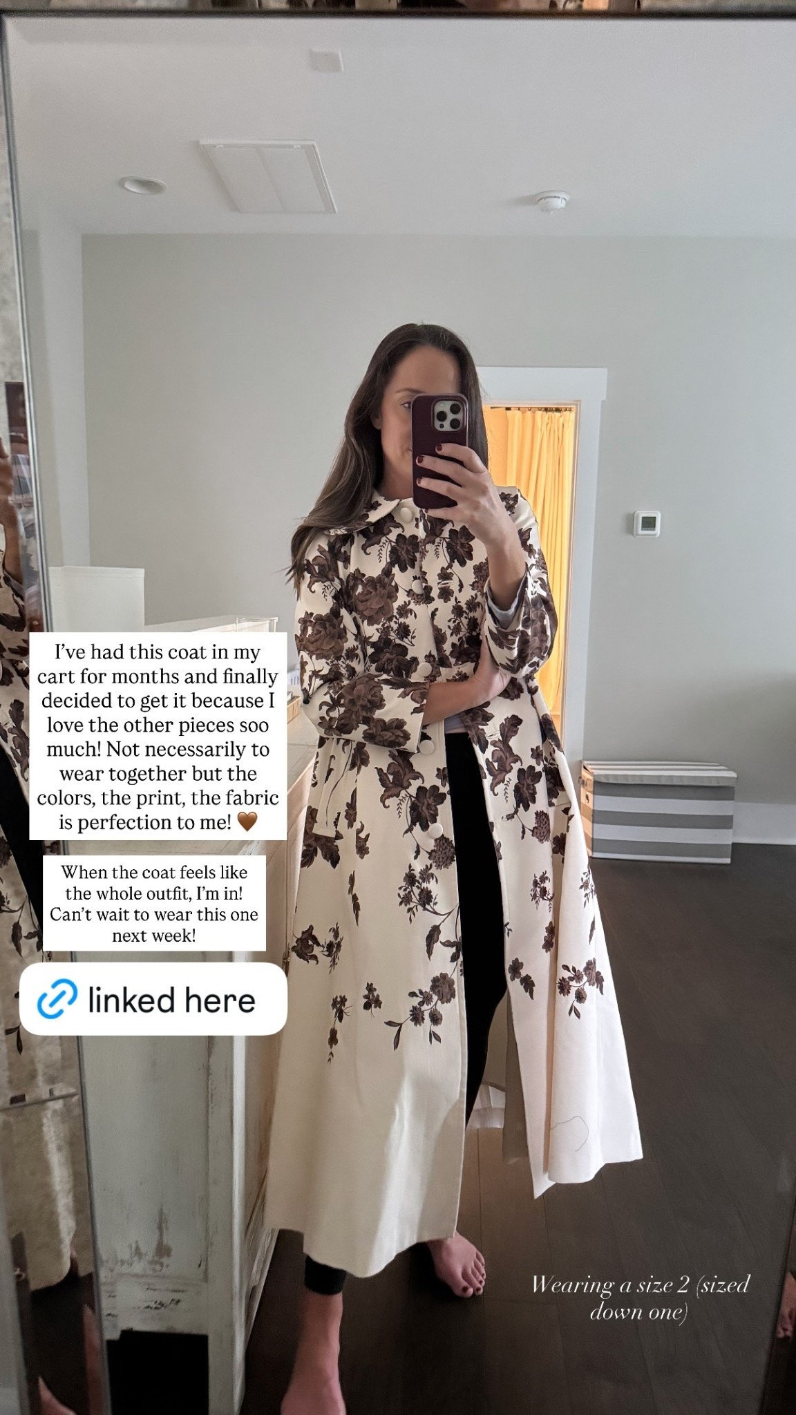 I’ve had this coat in my cart for months and finally decided to get it because I love the other pieces soo much! Not necessarily to wear together but the colors, the print, the fabric is perfection to me! 🤎 Wearing a size 2 (sized down one) When the coat feels like the whole outfit, I’m in! Can’t wait to wear this one next week!