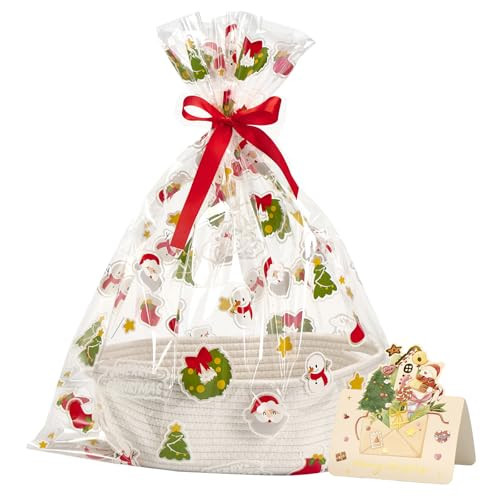 Small Woven Basket with Christmas Gift Bags and Ribbons, Empty Decorative Gift Chest Box, Baby Gift Basket with Handles for Nursery Perfect for Christmas, Gift Basket, Baby Shower 12"x 8"x 5", White | Amazon (US)