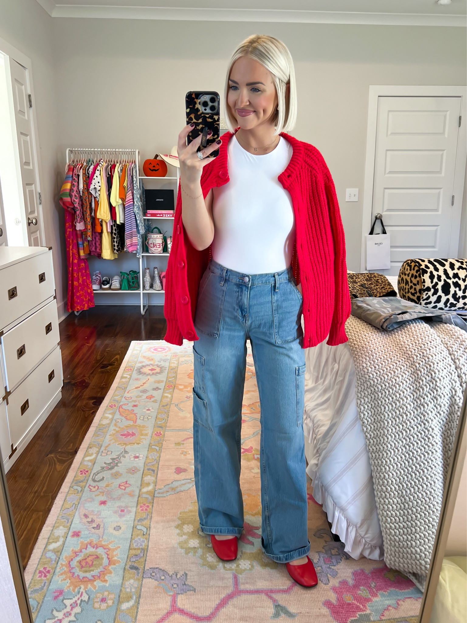 Denim wide leg cargo pants / Walmart finds / red cardigan 
Size: XXS (I’m a true 24 and these have an elastic waistband. I’m 5’2 and they’re a tad long but not much) 

#LTKFindsUnder50