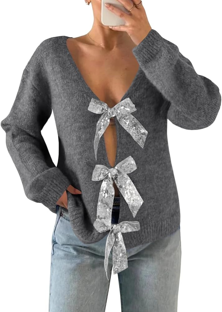 Saodimallsu Womens V Neck Long Sleeve Sweater Fall Trendy Sequin Bow Cropped Sexy Loose Knit Pull... | Amazon (US)