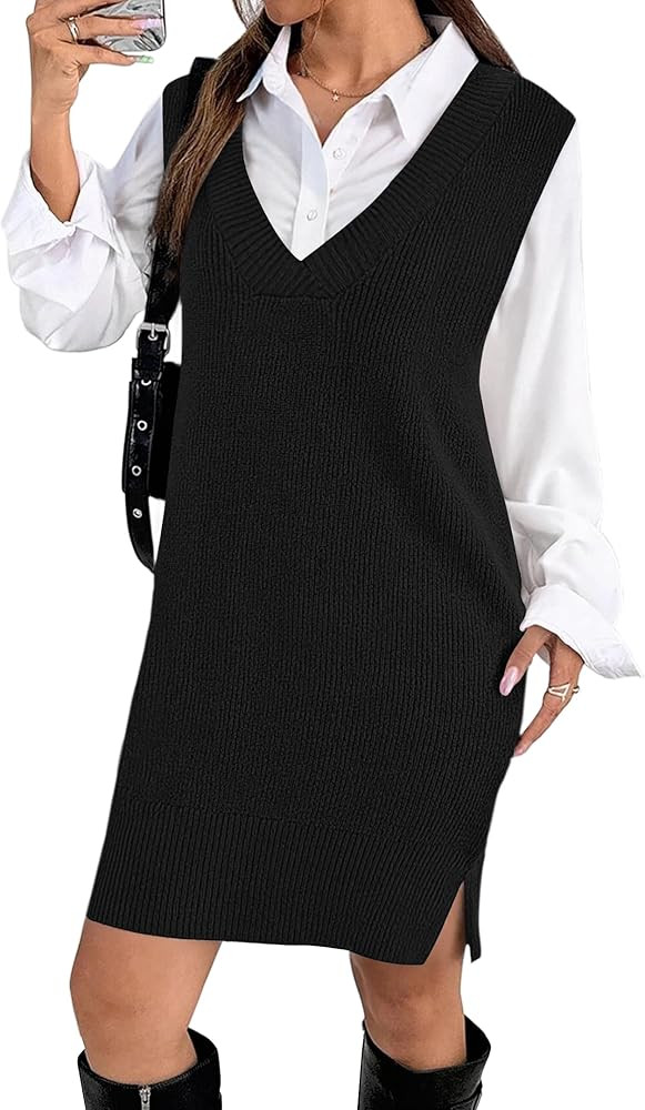 Zeagoo Women's V Neck Sweater Vest Dress Oversized Sleeveless Casual Pullover Sweater Fall Winter... | Amazon (US)