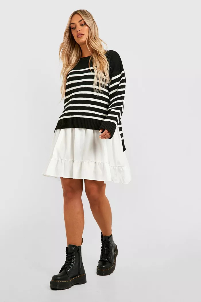 Plus Knitted Stripe Sweater 2 In 1 Shirt Dress | boohoo (US & Canada)