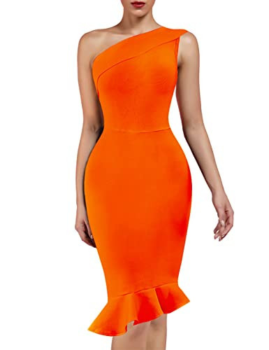 UONBOX Women's One Shoulder Sleeveless Bodycon Dress Midi Mermaid Party Bandage Dress Orange M | Amazon (US)