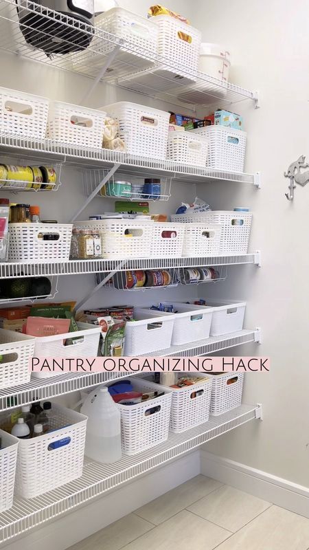 A pantry reorg was LONG overdue at our house - if you’ve been over, you’ll know it’s always a 🔥 mess 😂 To try and keep things relatively tidy, Aaron added an extra shelf up top to maximize space, we organized similar food items into bins + I was SO stoked to find these hanging bins. 
Though designed for solid shelves, they totally work with our wire shelving. We simply secured with a zip tie for added stability - great for storing cans or items we swap out regularly, like bread and fruit.  

#LTKunder50 #LTKSeasonal #LTKhome