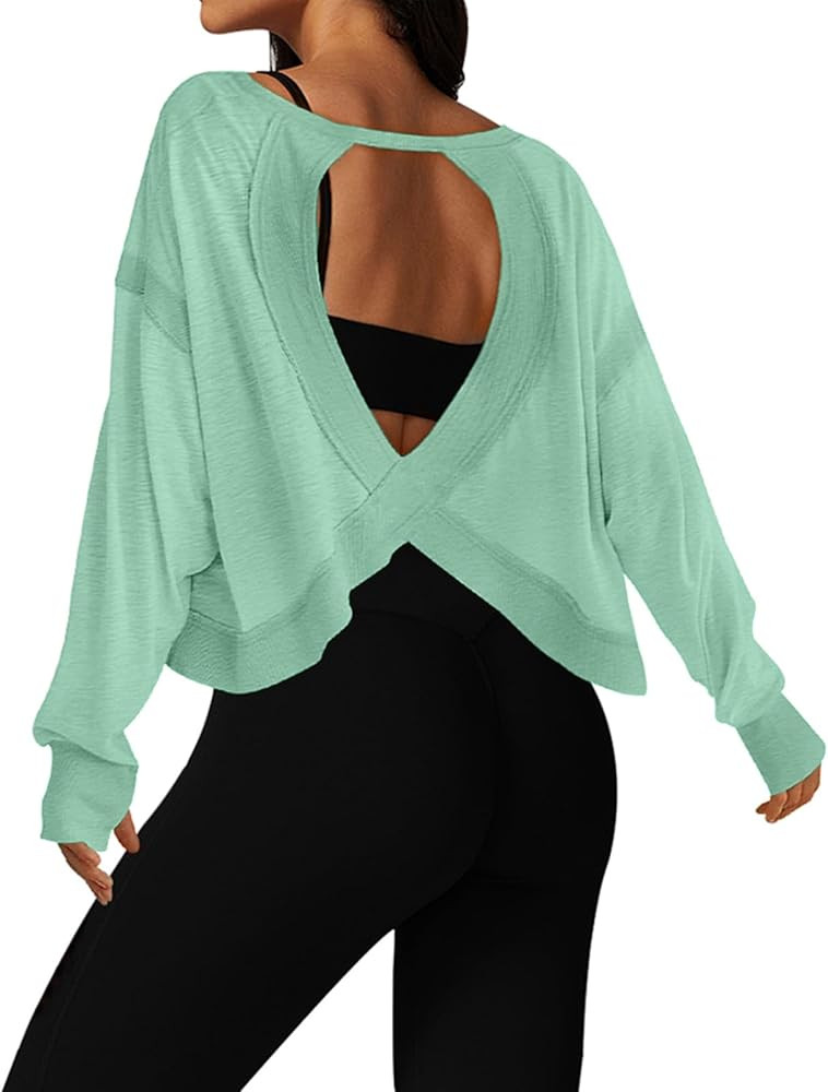 UNIANKIYA Open Back Workout Tops for Women Long Sleeve Cropped Athletic Clothes Gym Running Yoga ... | Amazon (US)
