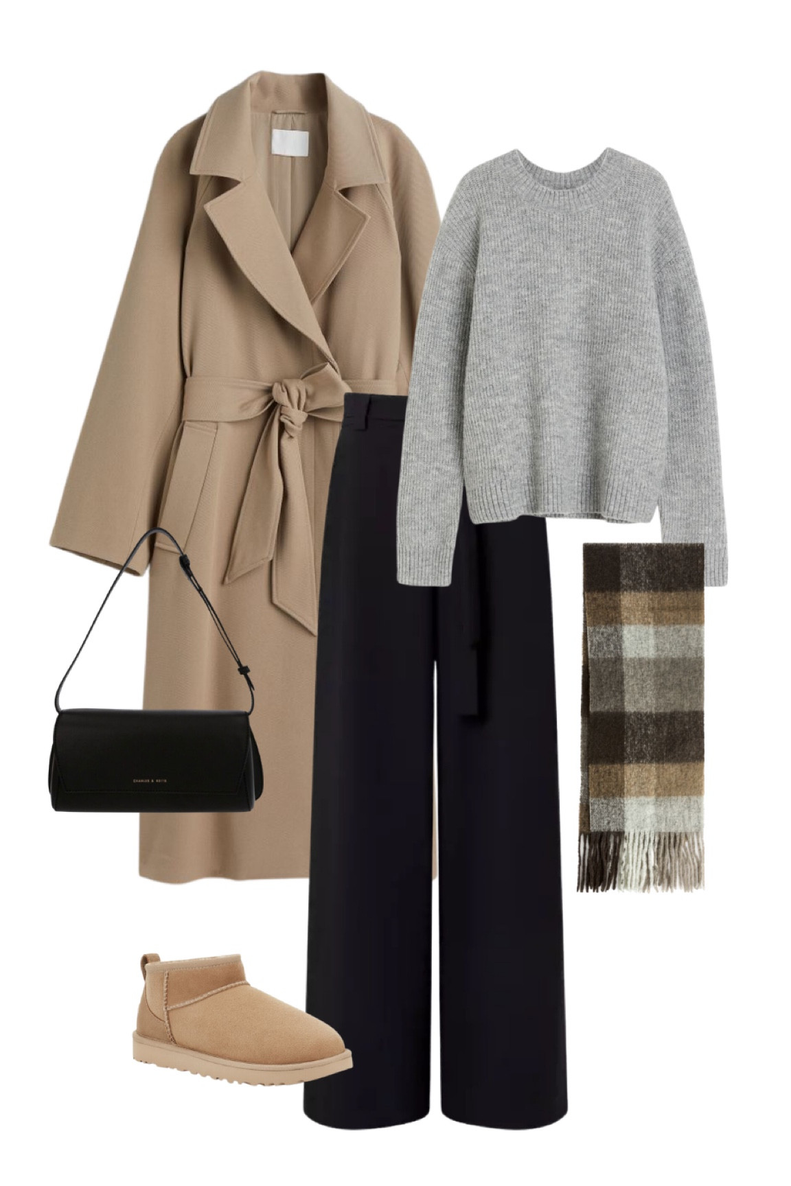 Cute fall outfit inspo: a belted brown coat, grey knit jumper, black trousers, acne studios inspired scarf, mini uggs and a black shoulder bag

#LTKworkwear #LTKitbag #LTKstyletip