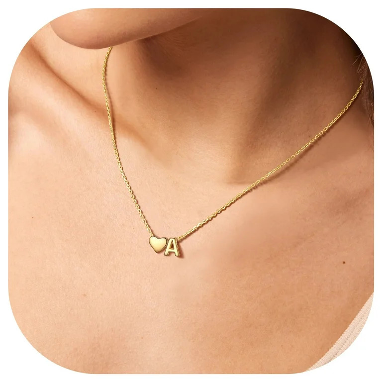 ChicSilver Heart Initial Letter Necklace, 14K Gold Plated, Women's Dainty Jewelry | Walmart (US)