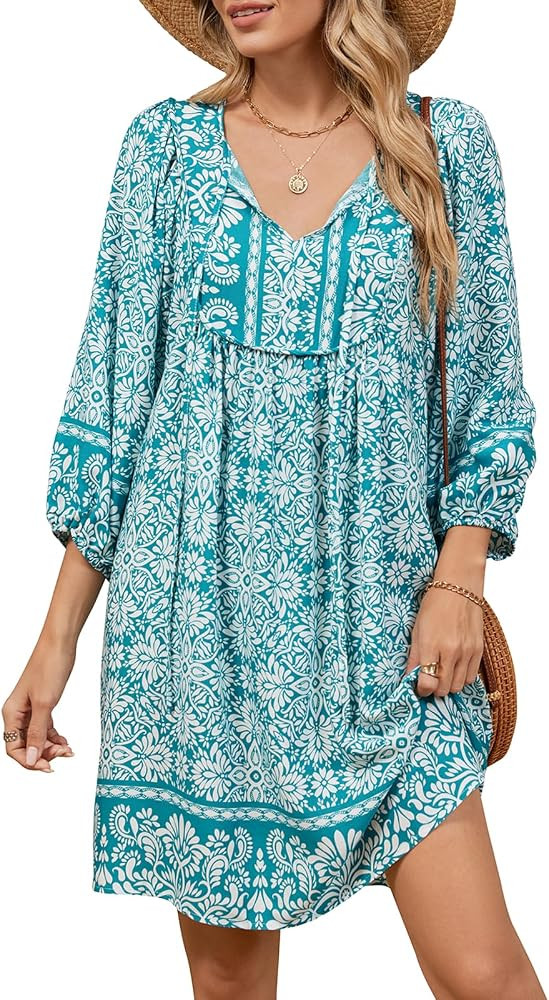 Qearal Women's Casual 3/4 Sleeve Boho Floral Print Babydoll Summer Dress Cruise Vacation Outfits | Amazon (US)