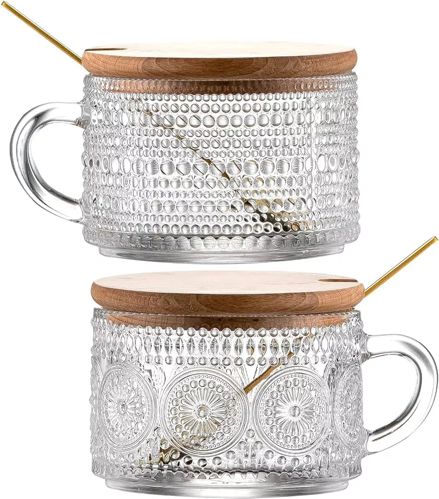 Coffee Cup Vintage Glass Mugs 14 Ounces Set of 2 Embossed Tea