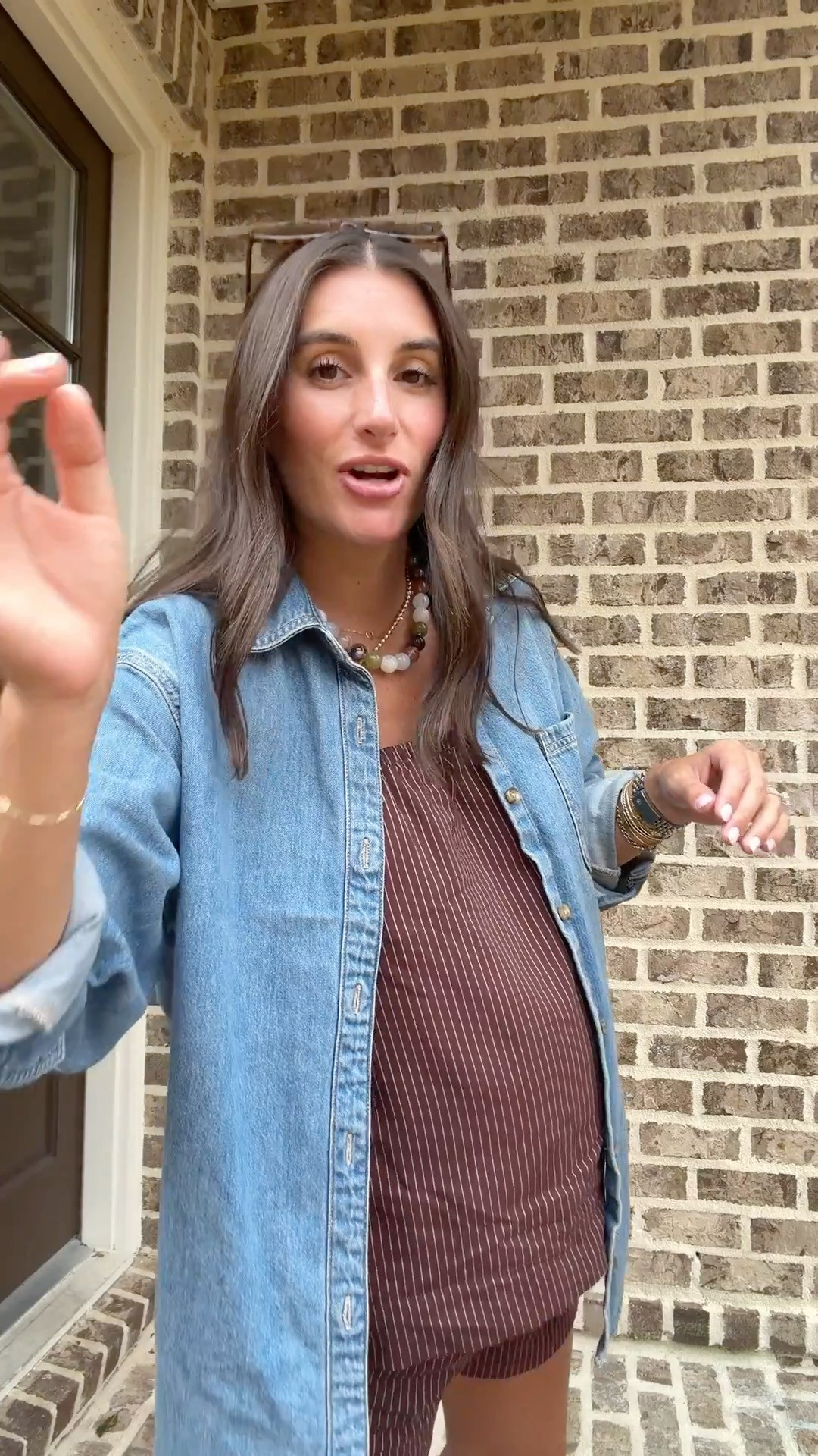 Wearing a small in this bump friendly set and xs in the denim shirt! 🤎 

 #LTKootd #LTKmomlife #LTKBump