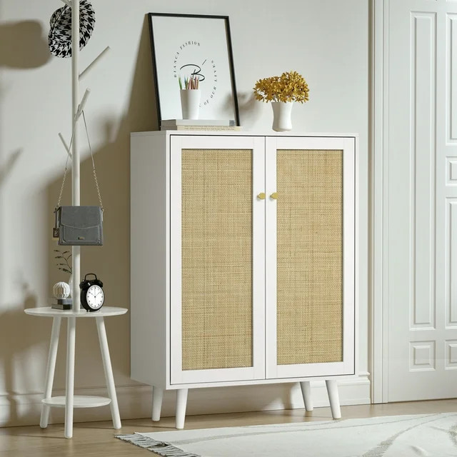 Eumyviv Rattan Storage Cabinet White Accent Sideboard Buffet Storage Cabinet with 2 Decorated Doo... | Walmart (US)