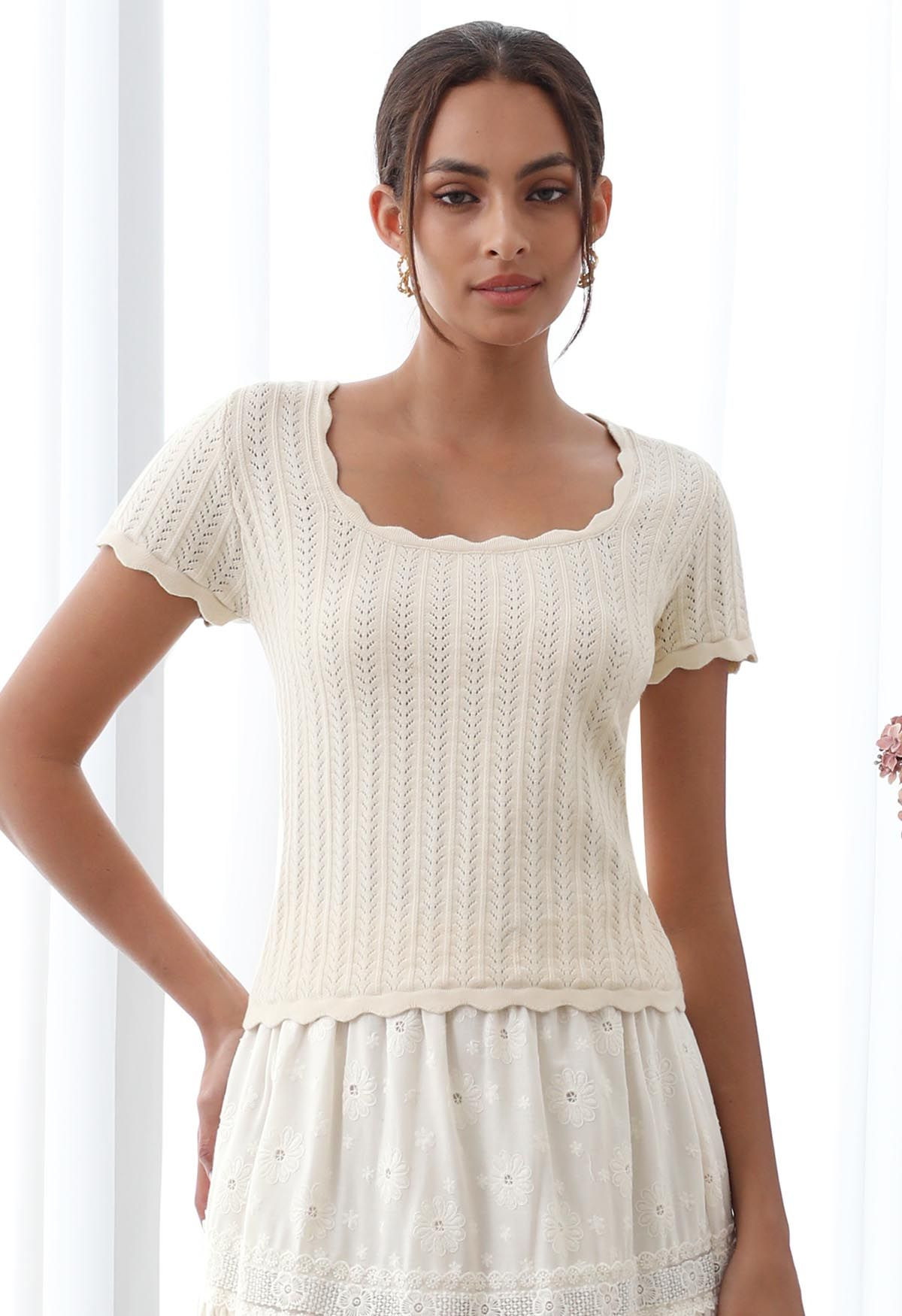 Scalloped Edge Pointelle Knit Top in Cream | Chicwish