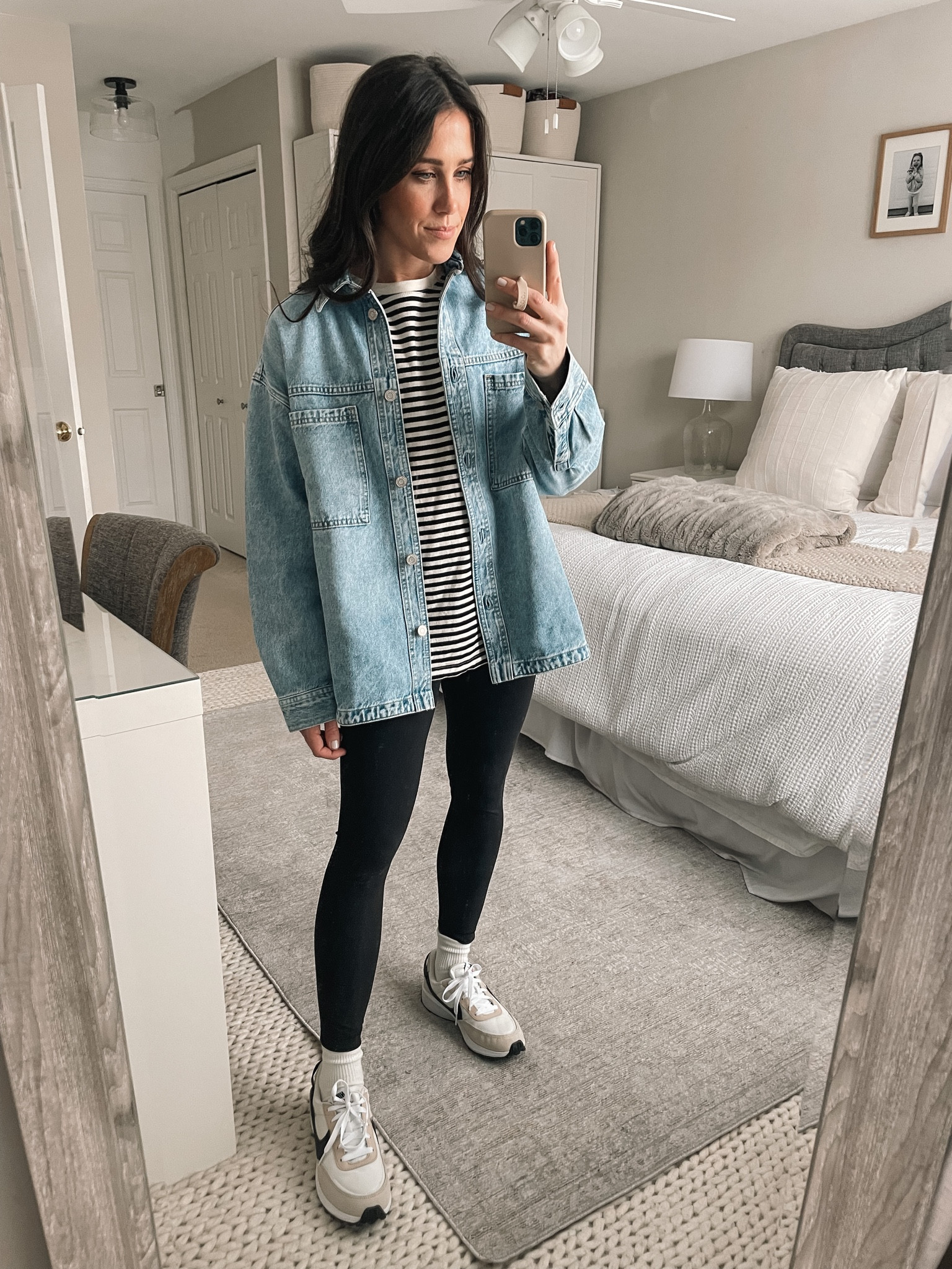 Denim Shirt
Striped Tee
Leggings 

#LTKunder100 #LTKstyletip #LTKFind