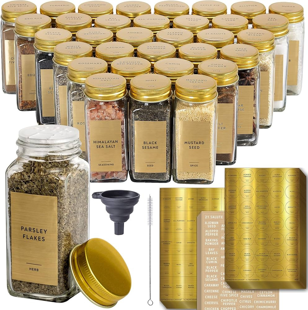 Laramaid 4oz 24Pack Glass Jars with 640 Minimalist Gold Vinyl Spice Labels, Shaker Lids Dispenser... | Amazon (US)