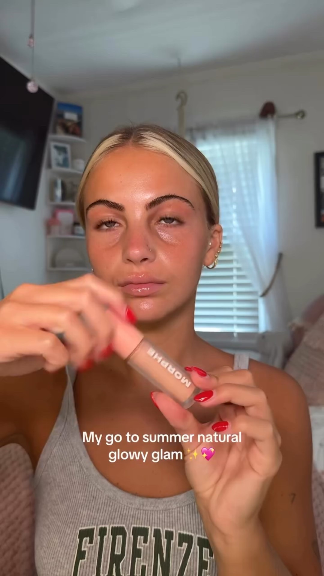 @morphebrushes wakeup artist shade peach 02
@rarebeauty bronzer stick shade always sunny 
@narsissist concealer shade tiramisu
@saiebeauty dew blush shade flirty & mascara
@kyliecosmetics lip liner shade 600 twenty 
@naturiumskin lip balm shade petal 
@rhode blush shade date cake & glazing mist 
@patricktabeauty highlight shade baby
#fyp #grwm #glowyskin #glowymakeup