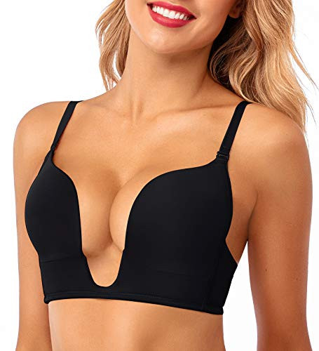 HANSCA Women's Deep Plunge Bra Cleavage Enhancer Low Cut Wireless Bra Padded Push Up (Black, 40B) | Amazon (US)