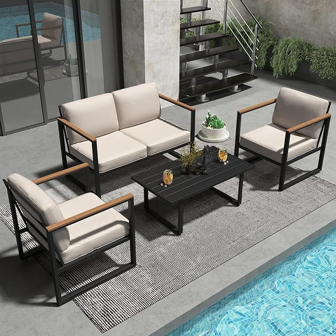 GarveeLife 4 Piece Metal Outdoor Conversation Set with Thick Cushions, All Weather Patio Furnitur... | Amazon (US)