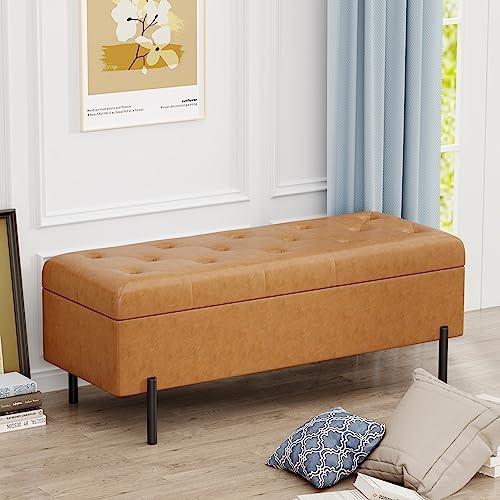 Apeaka Faux Leather Storage Bench Tufted Upholstered Ottoman Bench with Storage for Bedroom Living Room Entryway Rectangular Accent Bench Brown | Amazon (US)
