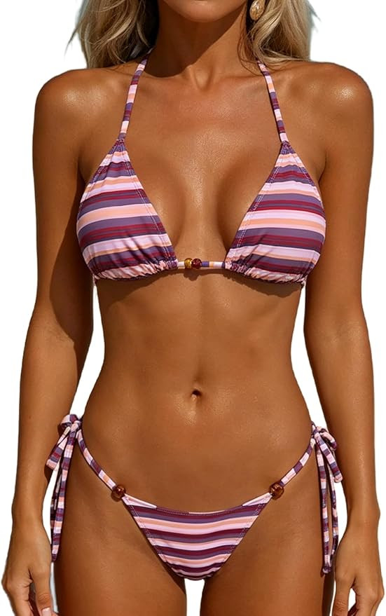MakeMeChic Women's Striped Triangle Thong Micro Bikini Sets Halter Swimsuits Bathing Suit | Amazon (US)