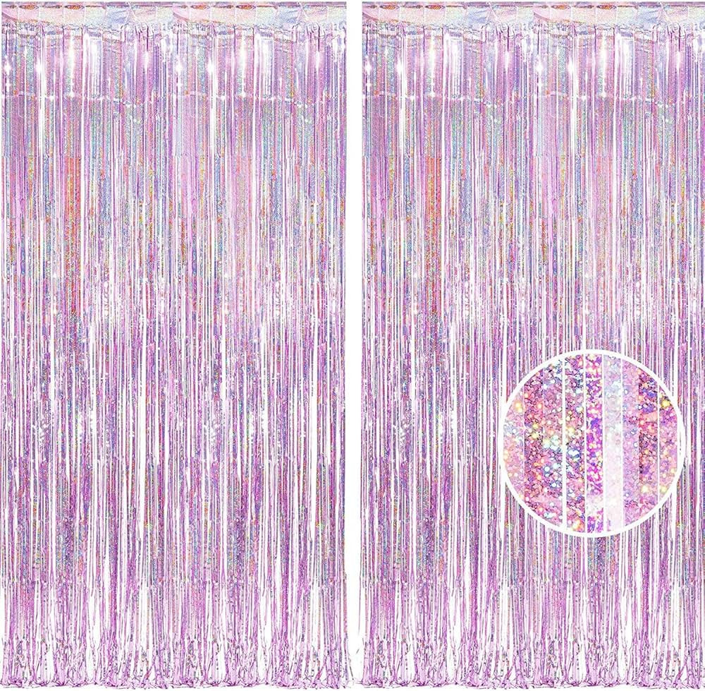 BRAVESHINE Pink Glitter Tinsel Foil Fringe Curtains - 2 Pcs 3.2x8.2 ft Metallic Holiday Photo Bac... | Amazon (US)