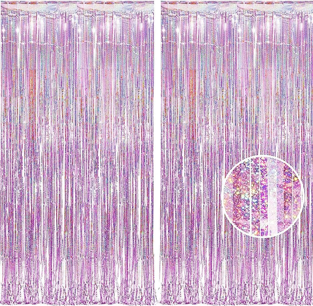 BRAVESHINE Pink Glitter Tinsel Foil Fringe Curtains - 2 Pcs 3.2x8.2 ft Metallic Holiday Photo Bac... | Amazon (US)