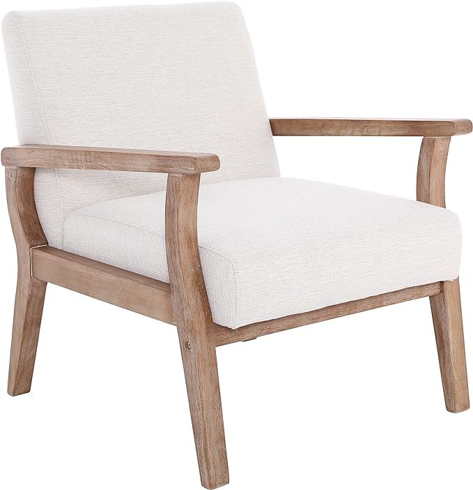 Wahson Mid Century Armchair with Wood Frames, White Linen Upholstered Farmhouse Living Room Chair... | Amazon (US)