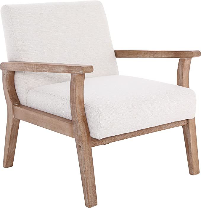 Wahson Mid Century Armchair with Wood Frames, White Linen Upholstered Farmhouse Living Room Chair... | Amazon (US)