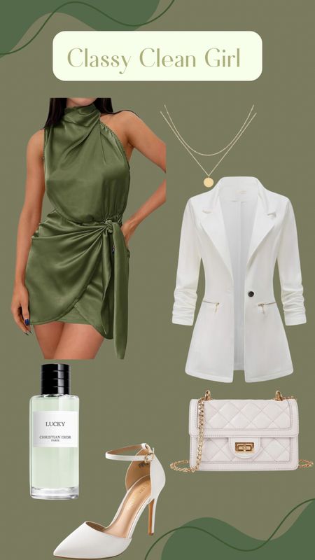 Classy Elegant Clean Girl Outfit💚
Dior, Amazon, high class look, silk dress, jacket, purse, heels, gold jewelry, green, bold, girl boss 

#LTKsalealert #LTKSeasonal #LTKstyletip