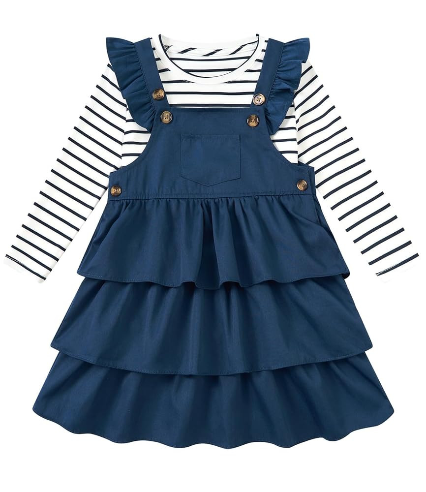 Toddler Girl Fall Outfit Baby Girls Overall Dress and Long Sleeve Stripes T-Shirt Set for 18M-5Y | Amazon (US)