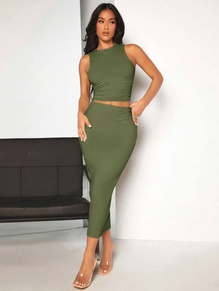 SHEIN BAE Solid Ruched Crop Tank Top & Pencil Skirt
       
              
              $13.50  ... | SHEIN
