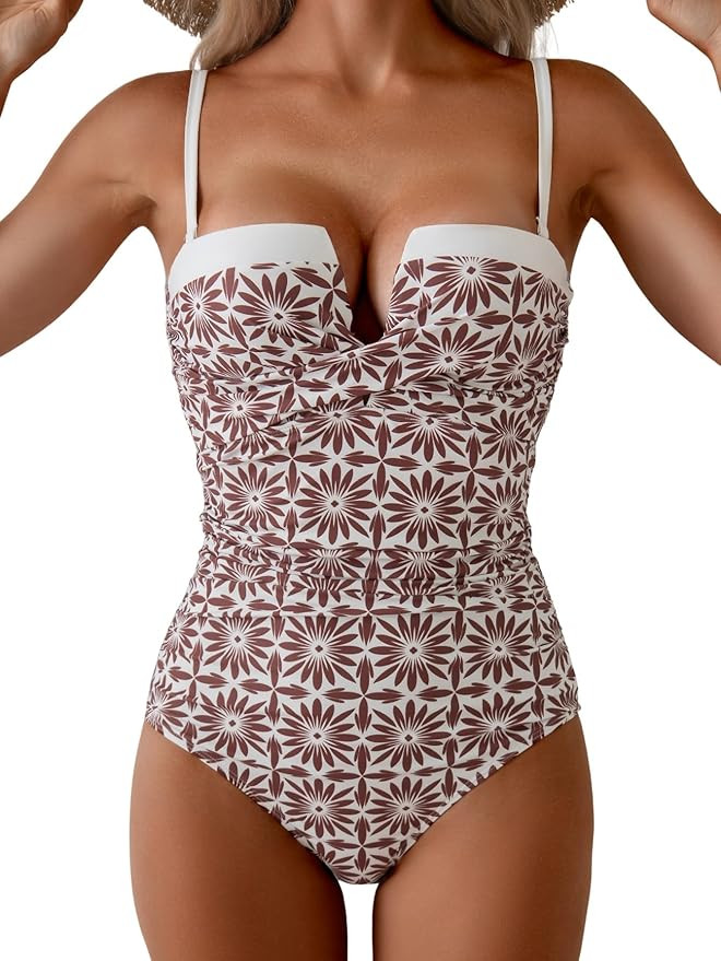 Women's Push Up Wrap Swimsuit Tummy Control One Piece Bathing Suits Bandeau Color Block Slimming ... | Amazon (US)