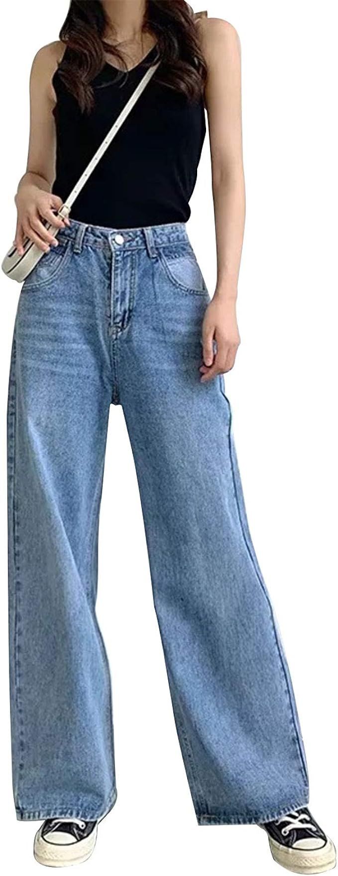 Women Loose Boyfriends Jeans High Waist Baggy Denim Pants Wide Leg Straight Trousers Vintage Stre... | Amazon (US)
