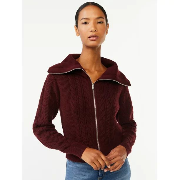 Scoop Women's Zip Front Cable Knit Sweater - Walmart.com | Walmart (US)