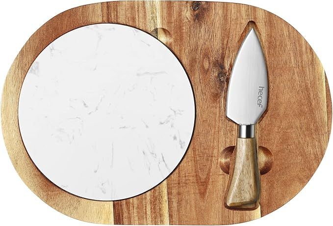 hecef Oval Wooden Cheese Board Set, Acacia Wood Cheese Serving Board with White Marble, Cheese Kn... | Amazon (US)