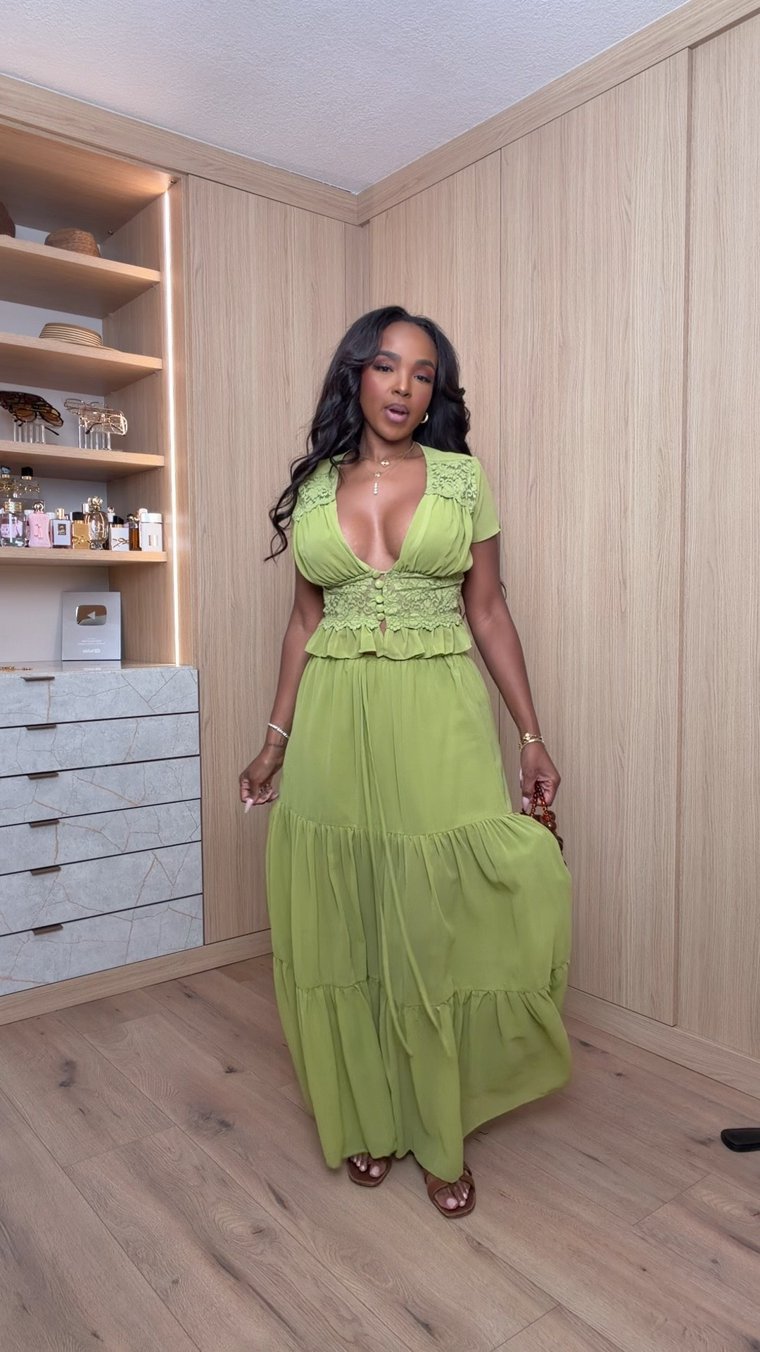 Hi Babes!

Okay this olive green set is absolutely gorgeous. The lace detailing, feminine silhouette, and flowy maxi skirt make this look feel so romantic and elevated. It's giving European vacation, winery afternoon, and effortless elegance all in one outfit.

The top is beautifully structured through the waist while still being comfortable, and the deep neckline creates such a flattering shape. The maxi skirt flows effortlessly and moves beautifully with every step, making this one of those outfits that feels as good as it looks.

Where to wear this:
• Winery dates
• Vacation dinners
• Garden parties
• Bridal showers
• Summer events and special occasions

Accessories:
I love this paired with gold jewelry and a statement bag. The rich green color does all the work, so you don't need much else to complete the look.

Everything is linked below

xx Kira | IG: KirasFashionFinds

34D - 27 - 40 • Size Small or 4