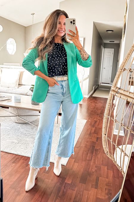 Business casual office workwear! 

Linked similar blazers 💚

Jeans, booties, blouse & top run tts! 