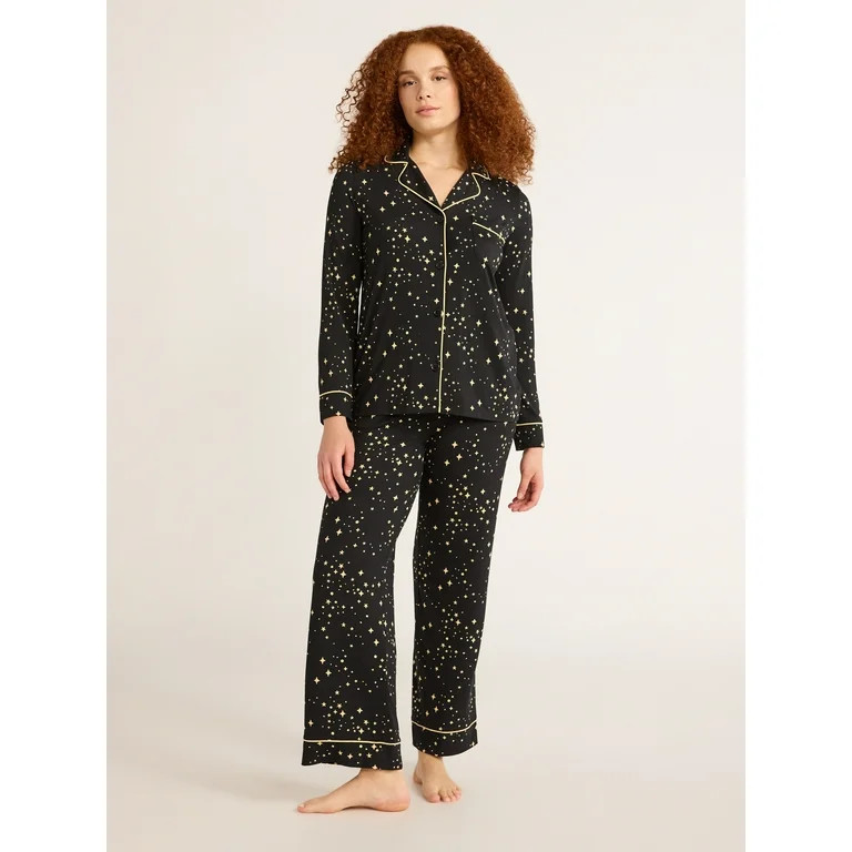 Joyspun Women's Cozy Jersey Notch Collar Top and Pants Pajama Set, 2-Piece, Sizes XS-4X | Walmart (US)