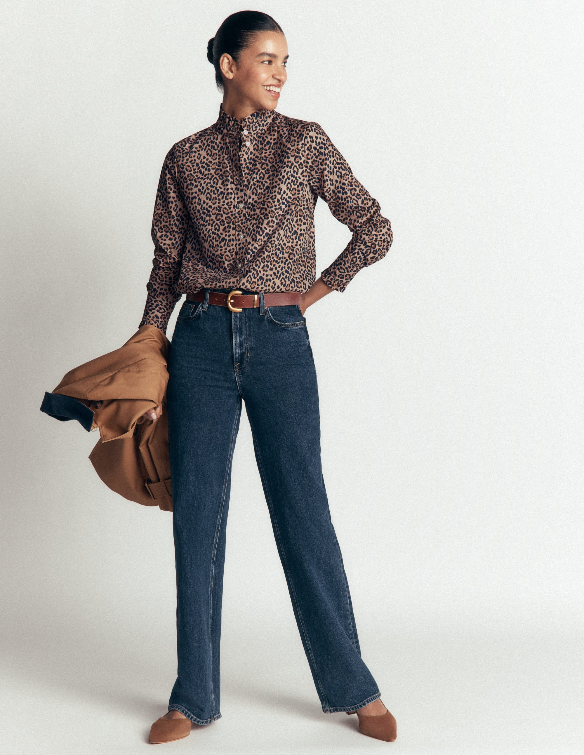 Sienna Frill Cotton Shirt-Demerara, Brushed Animal | Boden (US)