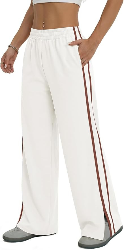 Fisoew Womens Wide Leg Pants Casual Baggy Elastic Waist Side Slit Contrast Stitch Loose Workout S... | Amazon (US)