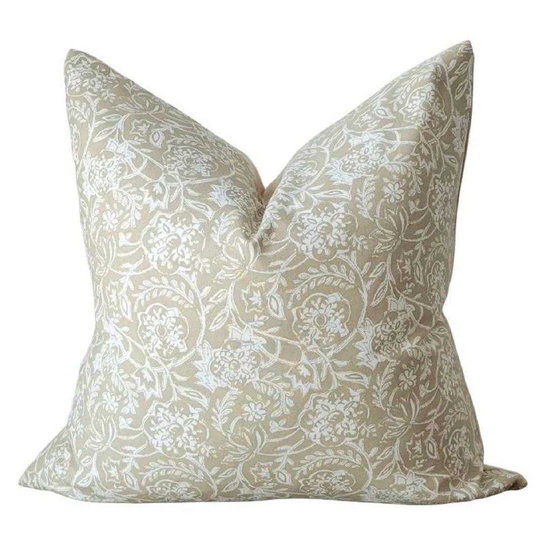 Beige Khaki Floral Pillow | Neutral Throw Pillow | Designer Pillow Cover | Block Print Style Ligh... | Etsy (US)