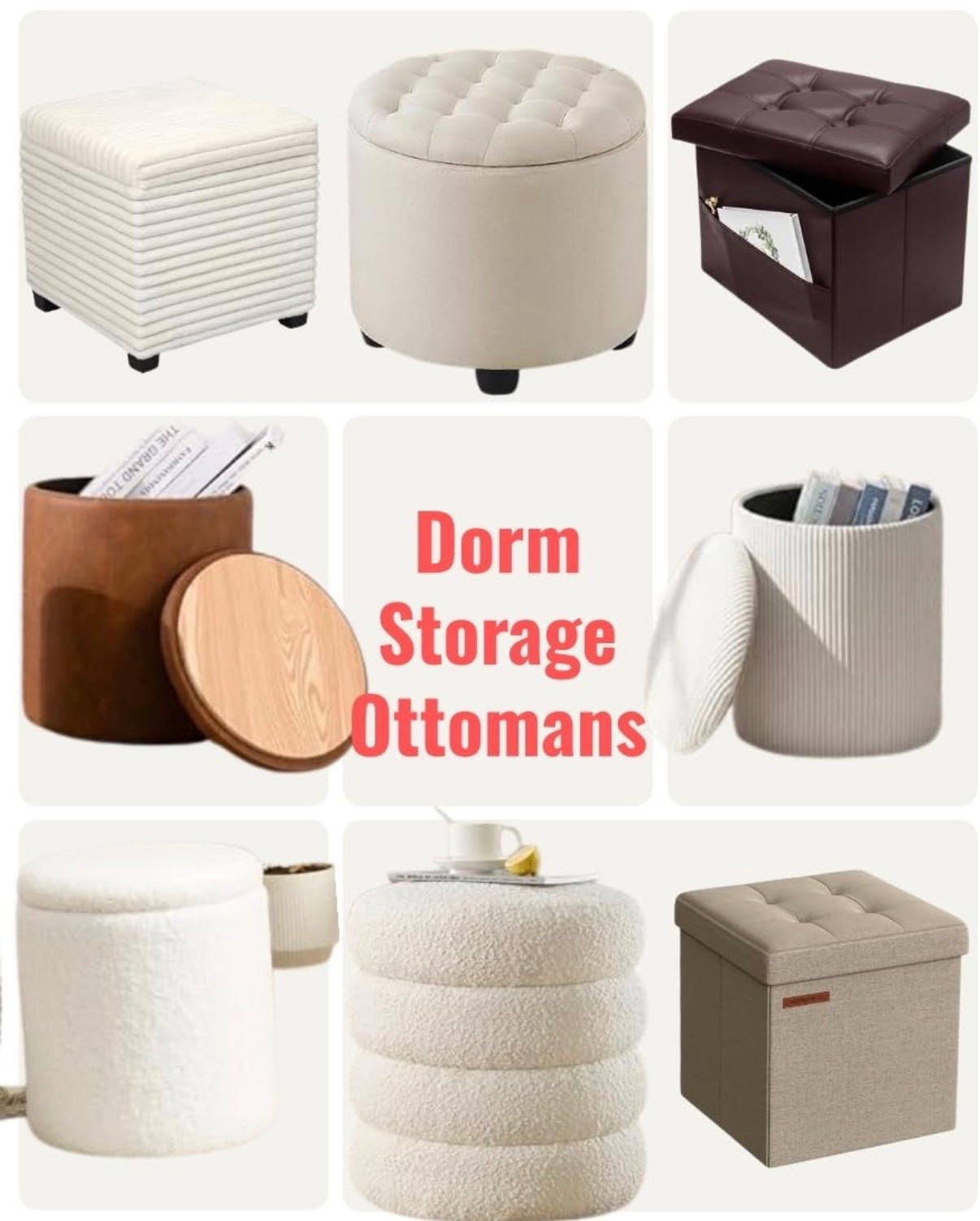 Dorm storage ottomans that add extra seating, hidden storage, and style to small dorm rooms and college apartments. Round ottomans, boucle ottomans, and tufted bench styles that work well for storing blankets, snacks, shoes, school supplies, and extra dorm essentials. Functional storage furniture in neutral colors and compact sizes that help maximize space while making dorm rooms feel more cozy and put together.

#LTKU #LTKHome #LTKmomlife